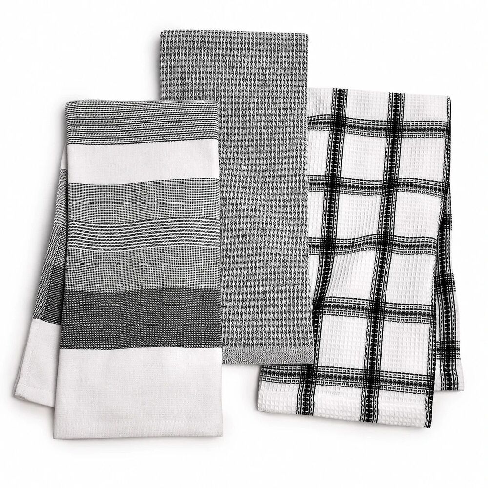 The Cellar 3-Piece 100% Cotton Kitchen Towel Set Black 30x20 in Dish Cloths